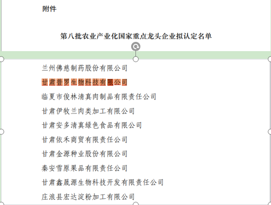甘肅普羅生物科技有限公司喜獲農業產業化 “國家重點龍頭企業”榮譽稱號